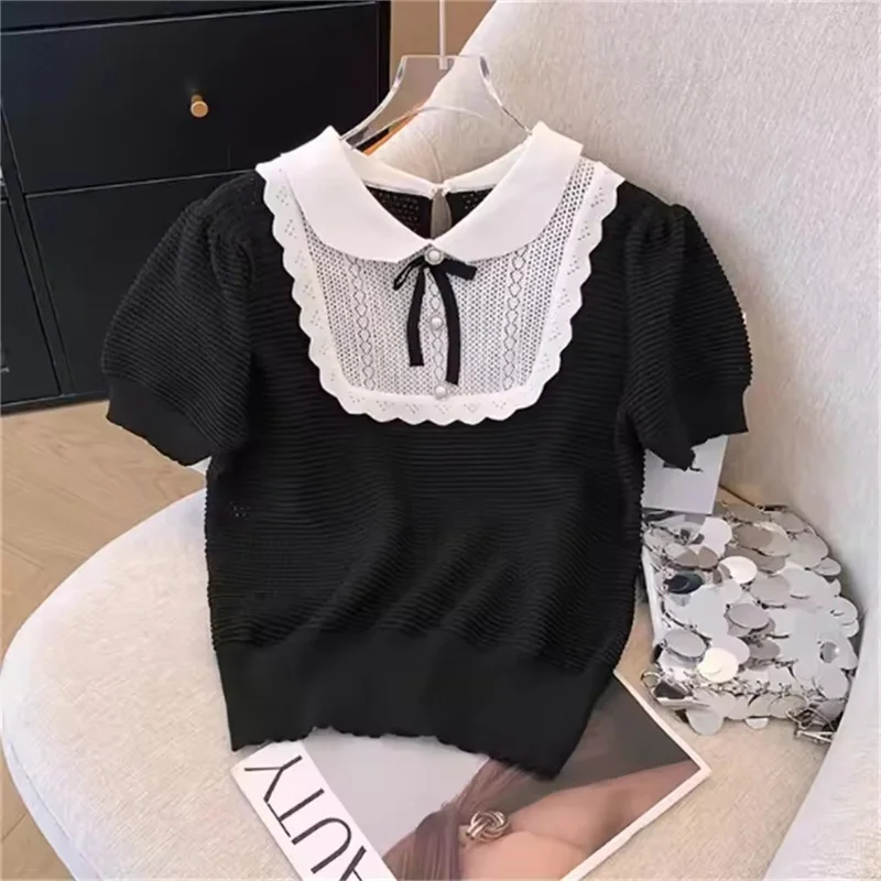 Estate vintage dolce fiocco colletto alla Peter Pan pullover maglieria top magliette maglione francese a maniche corte da donna maglietta in maglia scavata