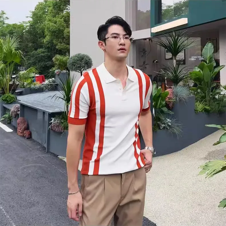 

Summer New Fashion Turn-down Collar Knitted Polo Shirts Short Sleeve Slim Casual Business Trendy Striped T-shirts Male Clothes