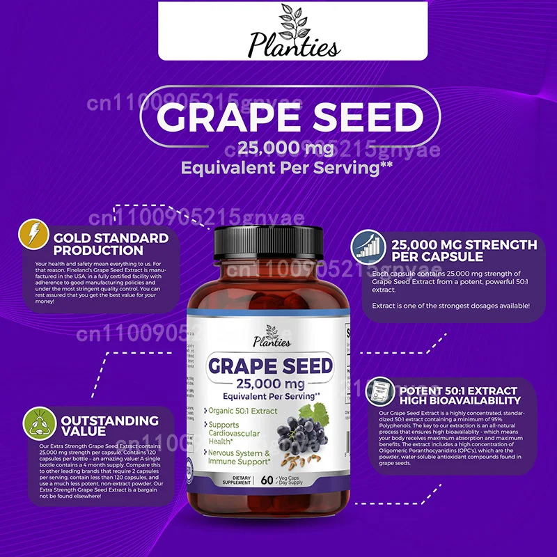 

Grape Seeds Are Equivalent To 36000 Milligrams, 60 Capsules || Containing Resveratrol and Red Wine Extract