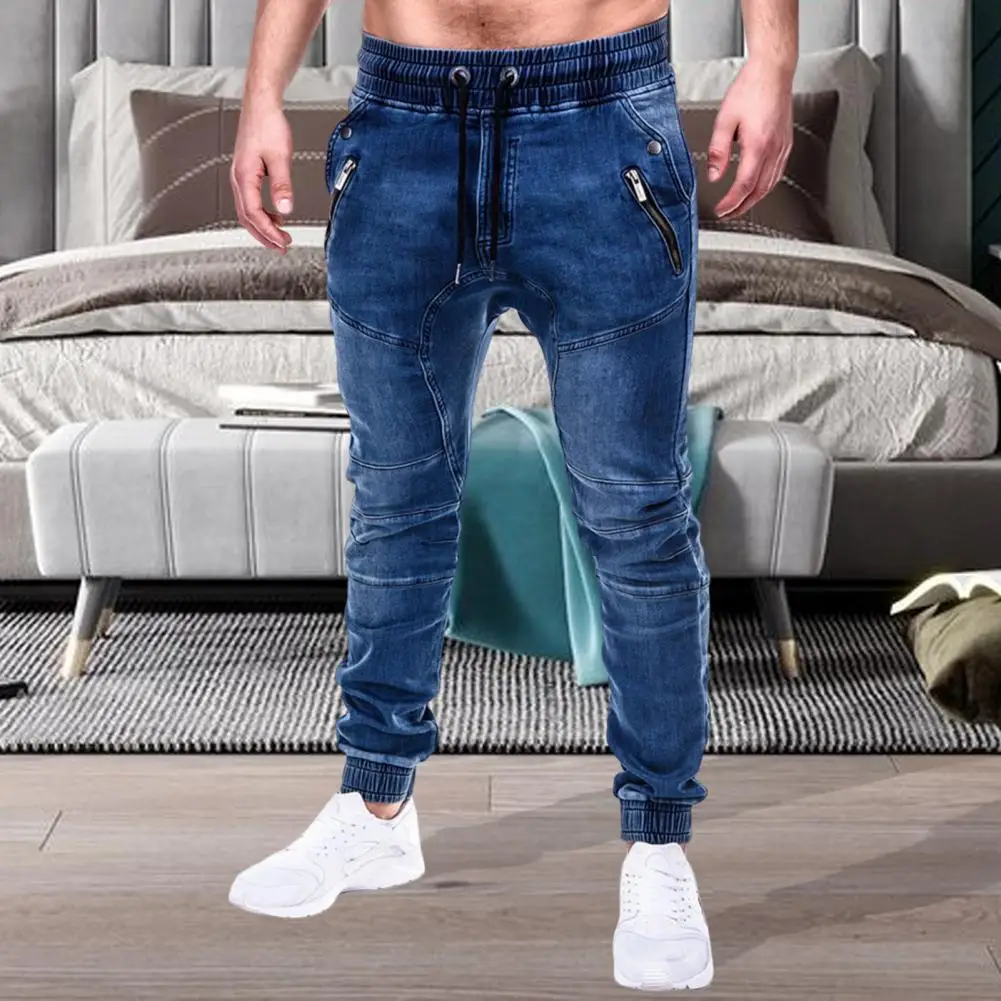 Men\'s Outdoor Summer Riding Jeans Motorpoof Jeans Skinny Jeans Fashion Pockets Denim Pencil Pants Ankle Tied Denim Trousers