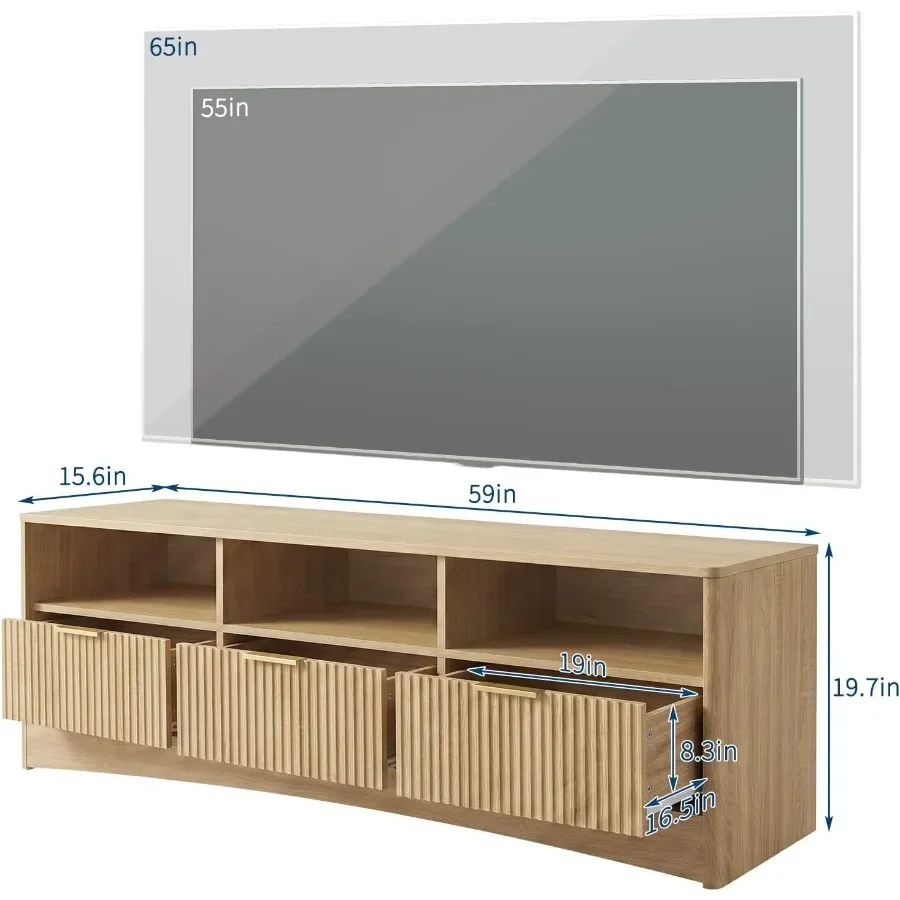 59 Wide TV Stand for TVs Up to 65, Natural Oak Finish, Engineered Wood, Modern Living Room Use, Sturdy Space-Saving Design