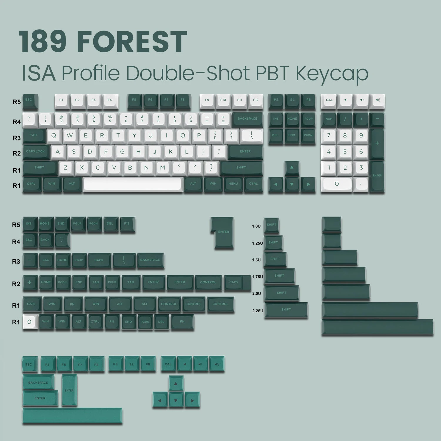 Double Shot PBT Keycaps, ISA Perfil, Custom, Green Forest, Chave 189 para Cherry Gateron, Switches MX, Gamer Teclados mecânicos