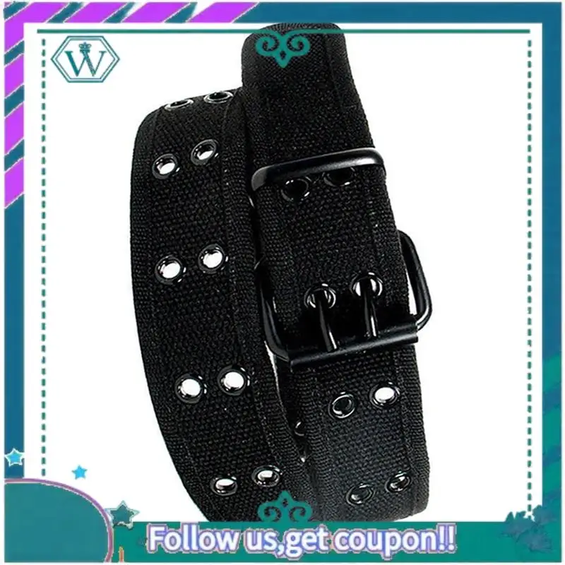 A09P 2X جديد قماش حزام الويب اثنين حفرة الحلقات الأسود المعادن الأسطوانة مشبك الرجال النساء، أسود