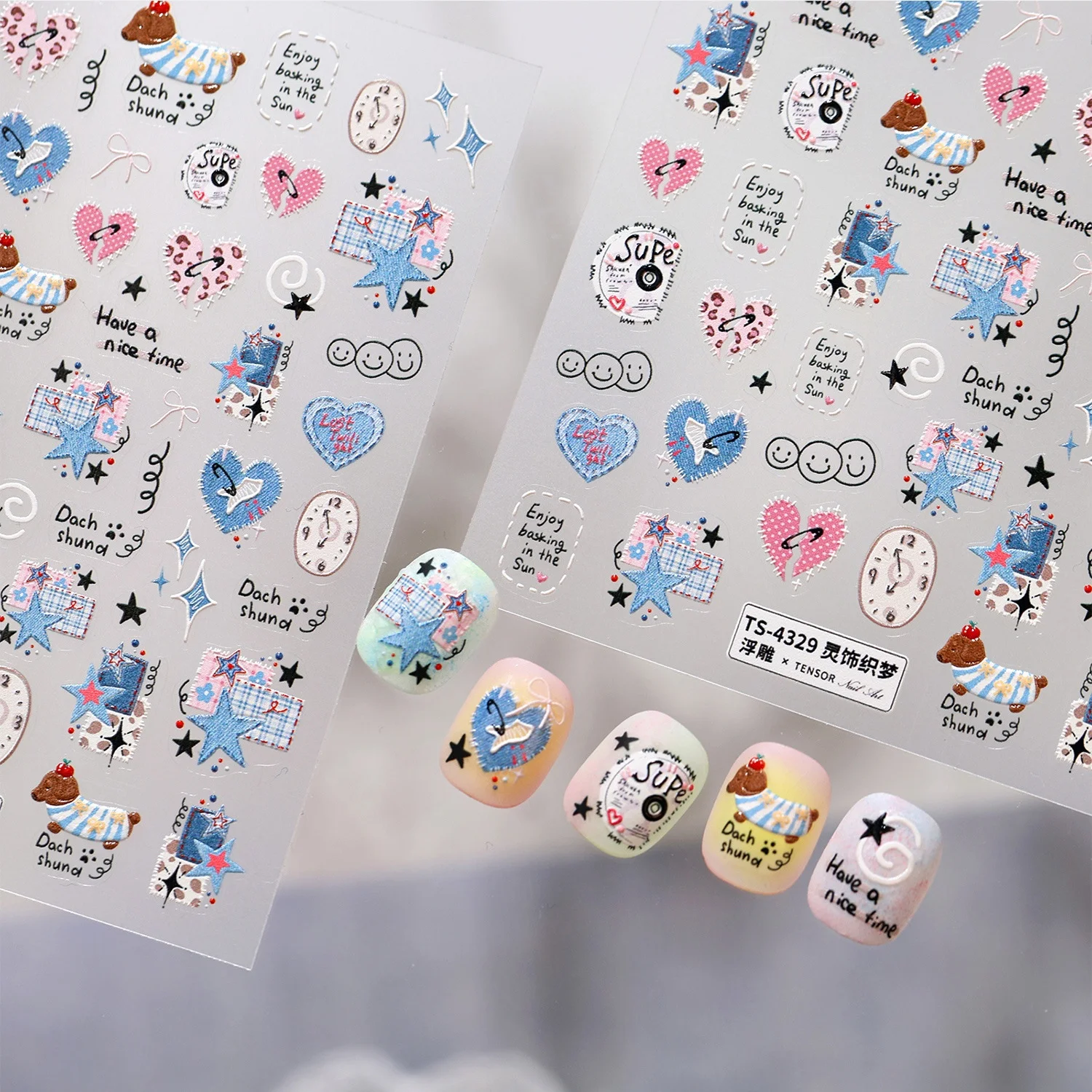 Retro Blue Cute Puppy 5D Nail Decals Dogs Dachshund Plaid Star Heart Clock Self‑Adhesive Lovely Nail Art Stickers Manicure DIY