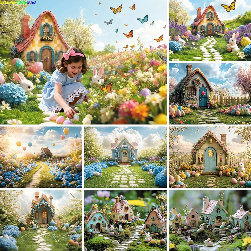 Spring Easter Cottage Photography Background Butterfly Meadow Bunny Egg Flower Kids Family Portrait Backdrop Photo Studio Props