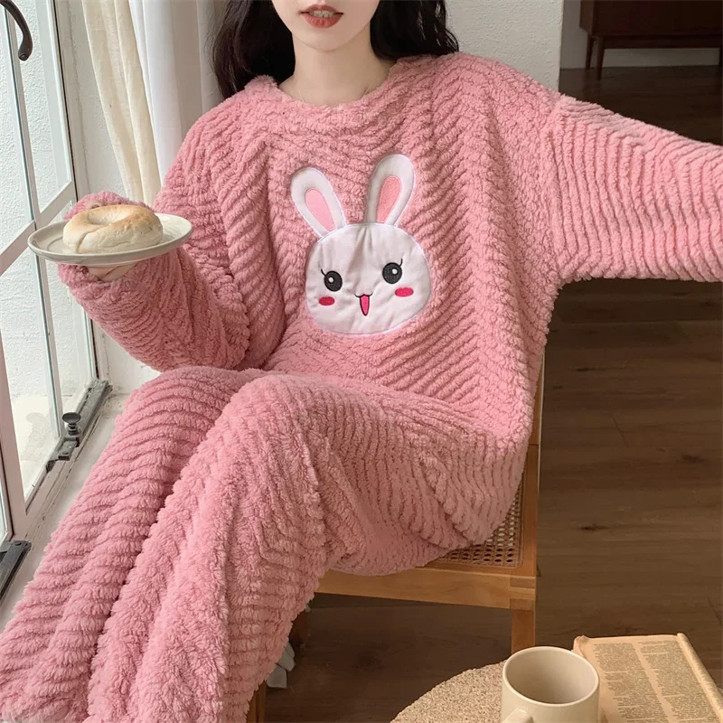 5XL Plus Size Thickened Warm Pajamas Women Winter Two Pieces Set Flannel Homewear O-Neck Loose Cartoon Rabbit Ladies Sleepwear