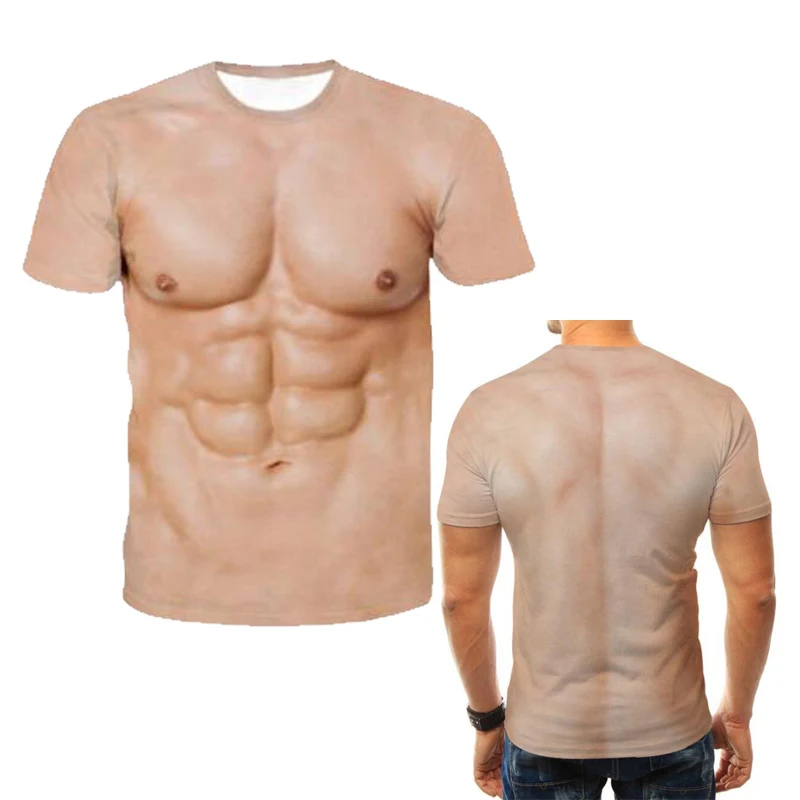 Neuartiges Herren-Freizeit-T-Shirt mit kurzen Ärmeln, 3D-Brustmuskulatur-Druck, lustiges Oberteil, Freizeitkleidung für die ganze Familie – Detail 6