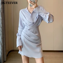 BGTEEVER elegante manica lunga irregolare Mini abito donna elegante vita sottile monopetto Hip Shirt Dress per le donne