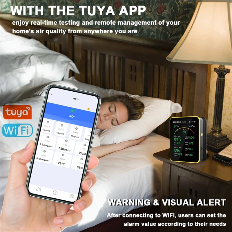 Tuya WiFi 15in1 Air Quality Detector Portable AQI PM0.3 PM1.0 PM2.5 PM10 CO CO2 TVOC HCHO Tester TFT Display with Alarm Function