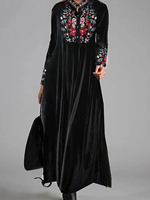 Velvet Vintage Women Maxi Dress Flower Embroidery Round Neck Long Sleeves Evening Dress Slim Fit Pleated Bodycon Prom Dress