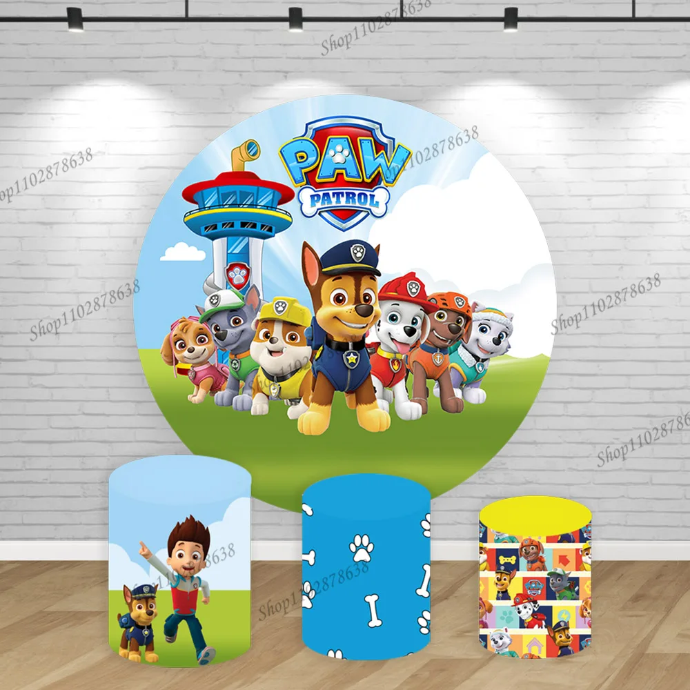 

Paw Patrol Chase Captain Party Round Background Cover Boy Birthday Backdrop Cute Dogs Cylinder Event Elastic Decor Banner