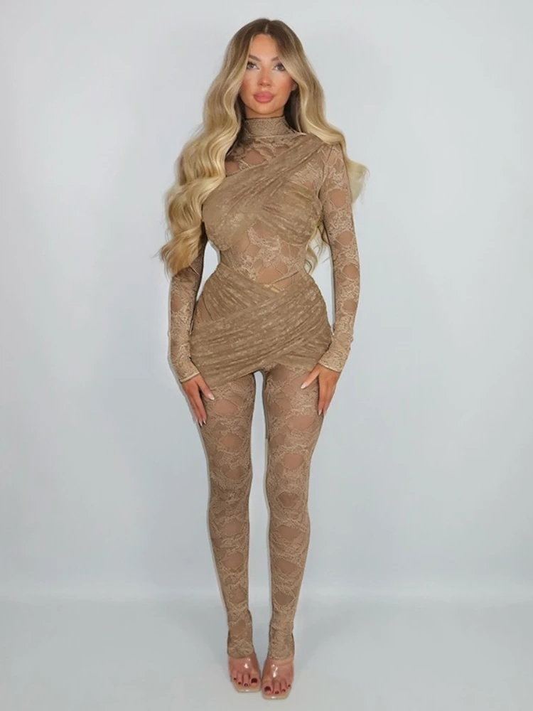 

FDYOUI Women Sexy See-through Lace Jumpsuits Elegant Halter Bandage Backless Brown Bodysuit Female One Piece Party Club Overalls