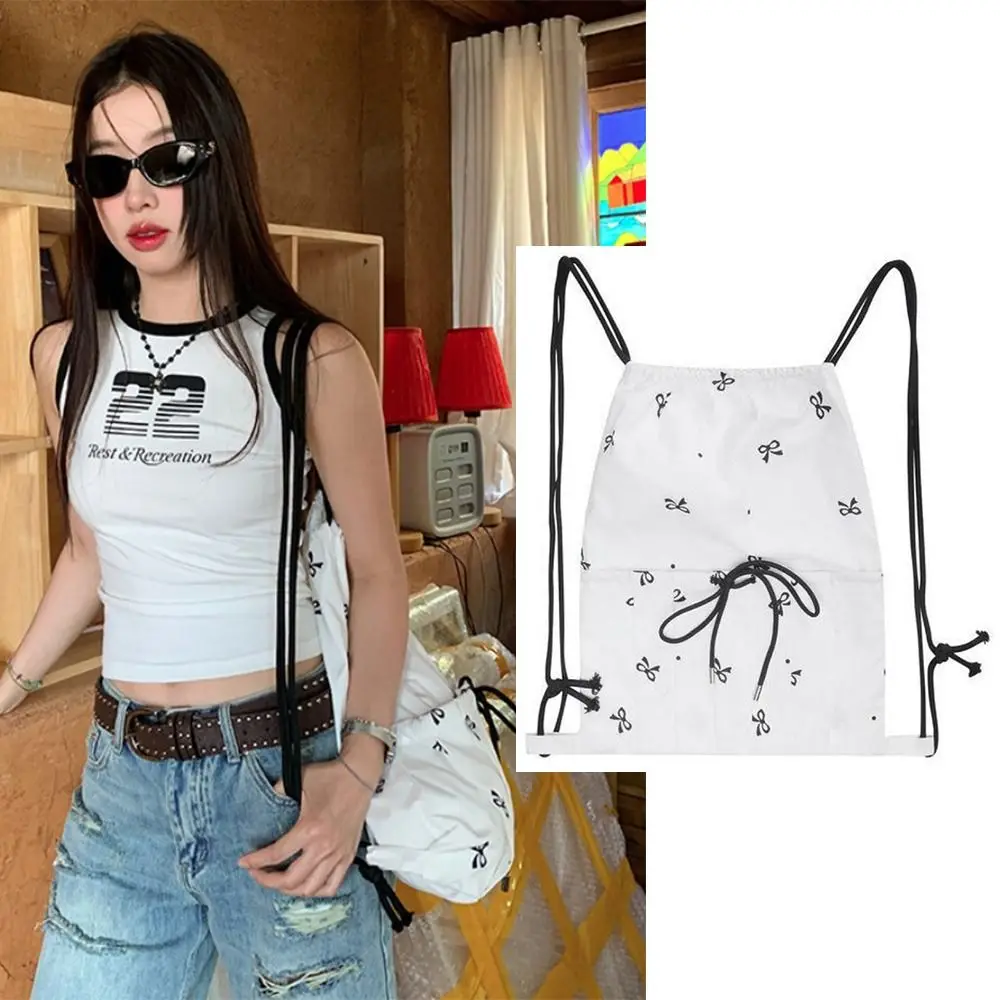 

Korean Style Bow Drawstring Backpack Large Capacity Sweet Light Weight Shoulders Bag White Travel Student School Bag Girls