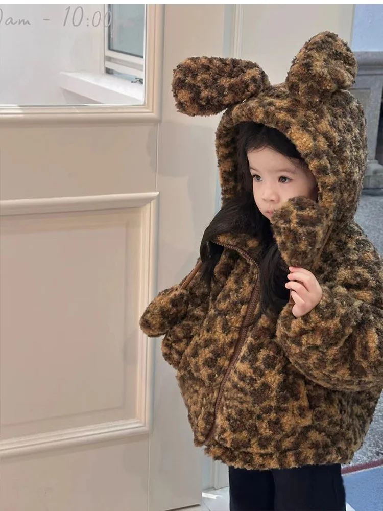

Girls' Hooded Jacket Autumn Winter Stylish Children's Fleece Sweatshirt Baby Fashionable Cute Leopard Print Ear Top