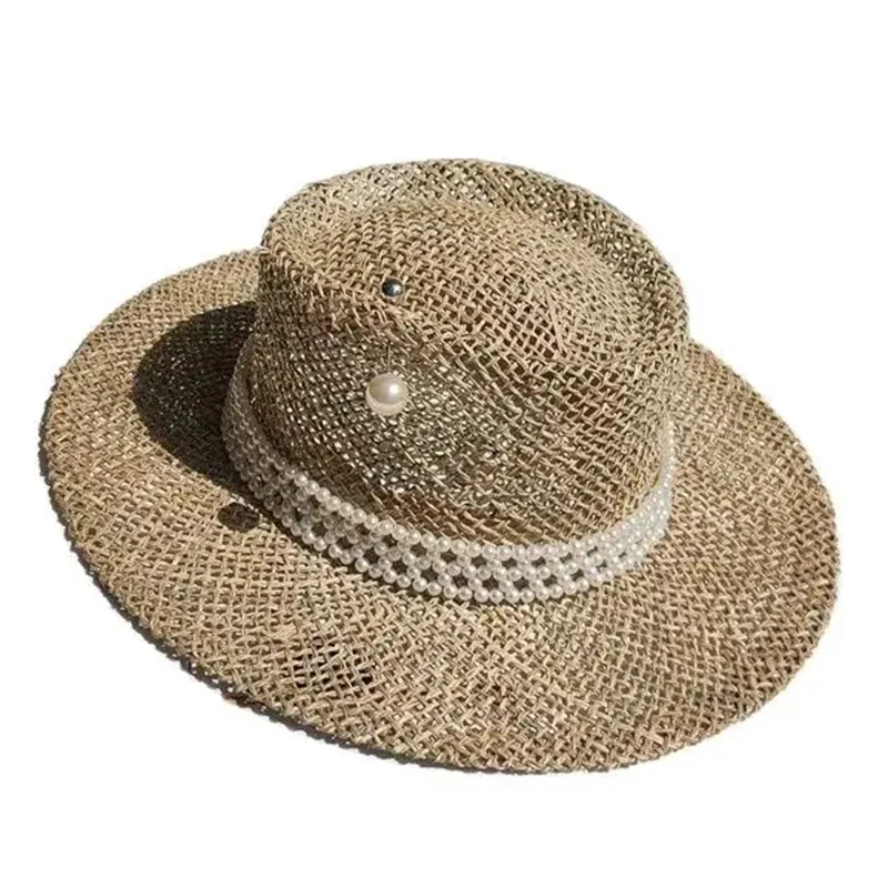 Women Summer Hats Pearls Band Straw Fedora Hat Sea Grass Ladies Wide Brim Sun Hat Hollow Out Style Boater Hat Holiday Beach Hat