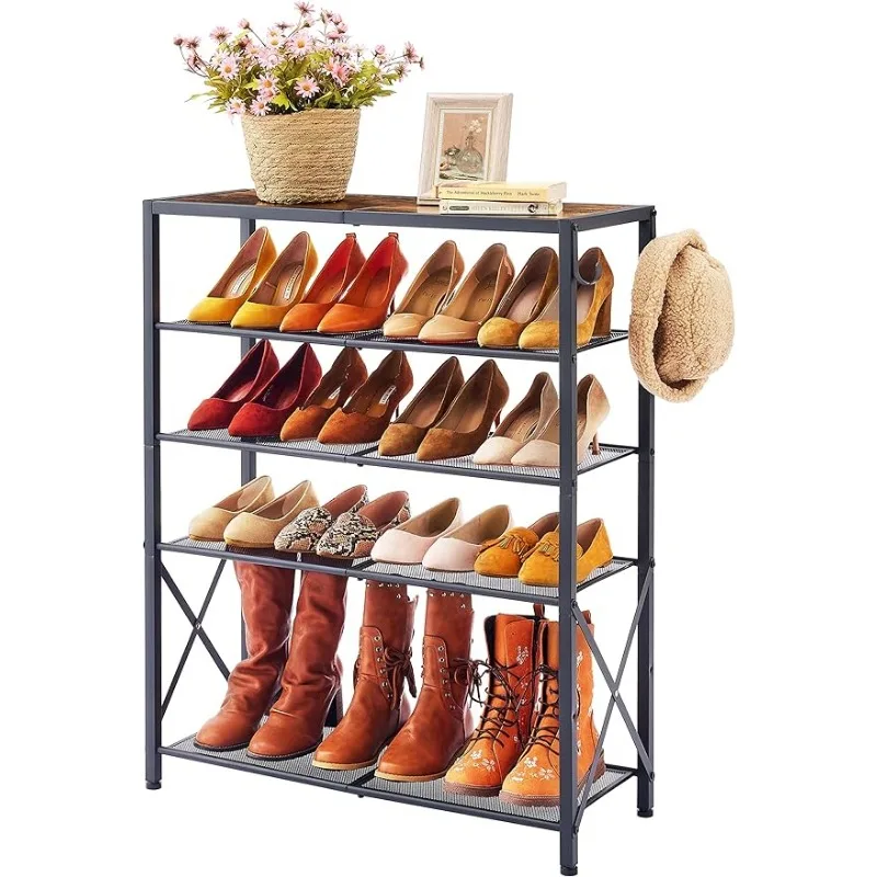 

5-Tier Shoe Rack Organizer, Industrial Shoe Rack for Closet Entryway, Metal Mesh Shoe Storage Shelf with X Shape Fixed Frame