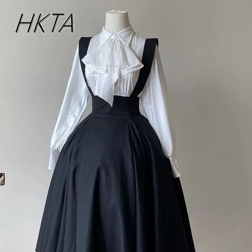 

Gothic Y2k High Waist Slimming Lantern Long-sleeve Shirt Skirt Women Sweet Girls Japanese Lolita Fashion Long Strap Skirts Suit