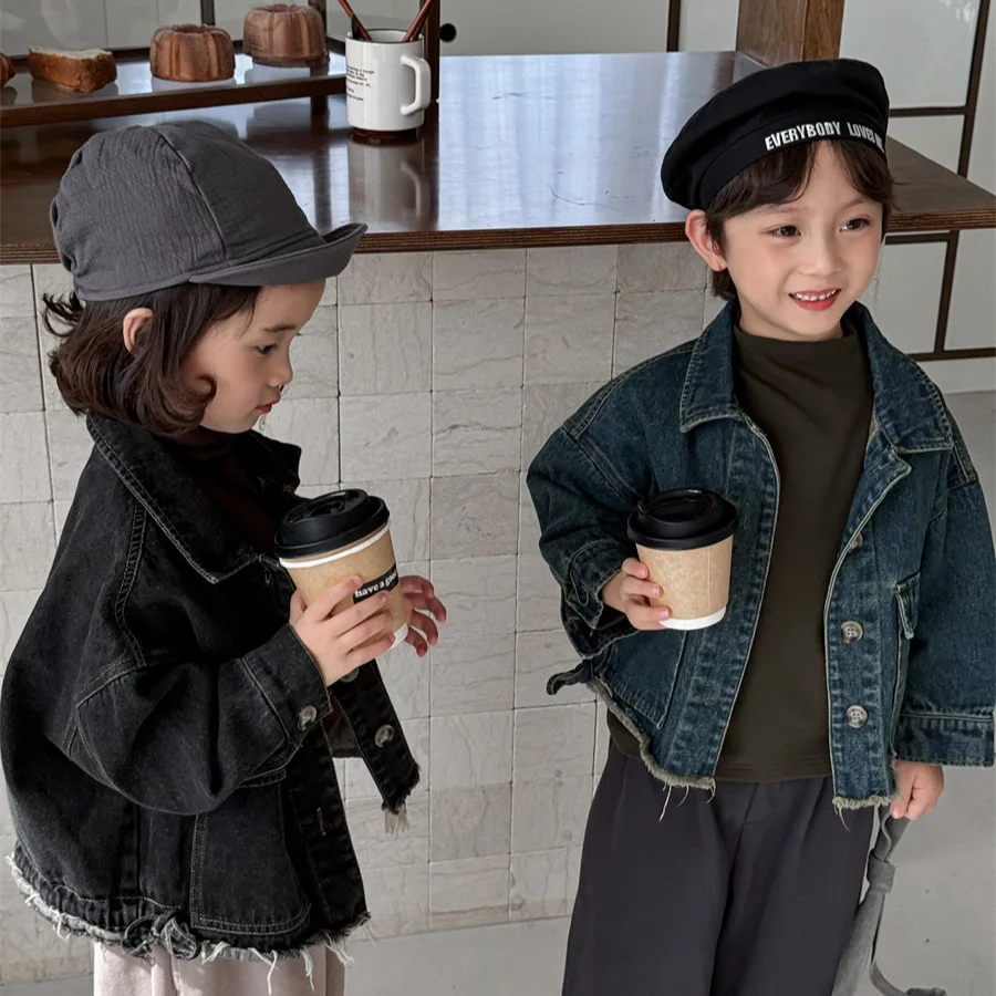 

2025 Children's Autumn New Rough-edged Denim Jacket Retro Jacket Top