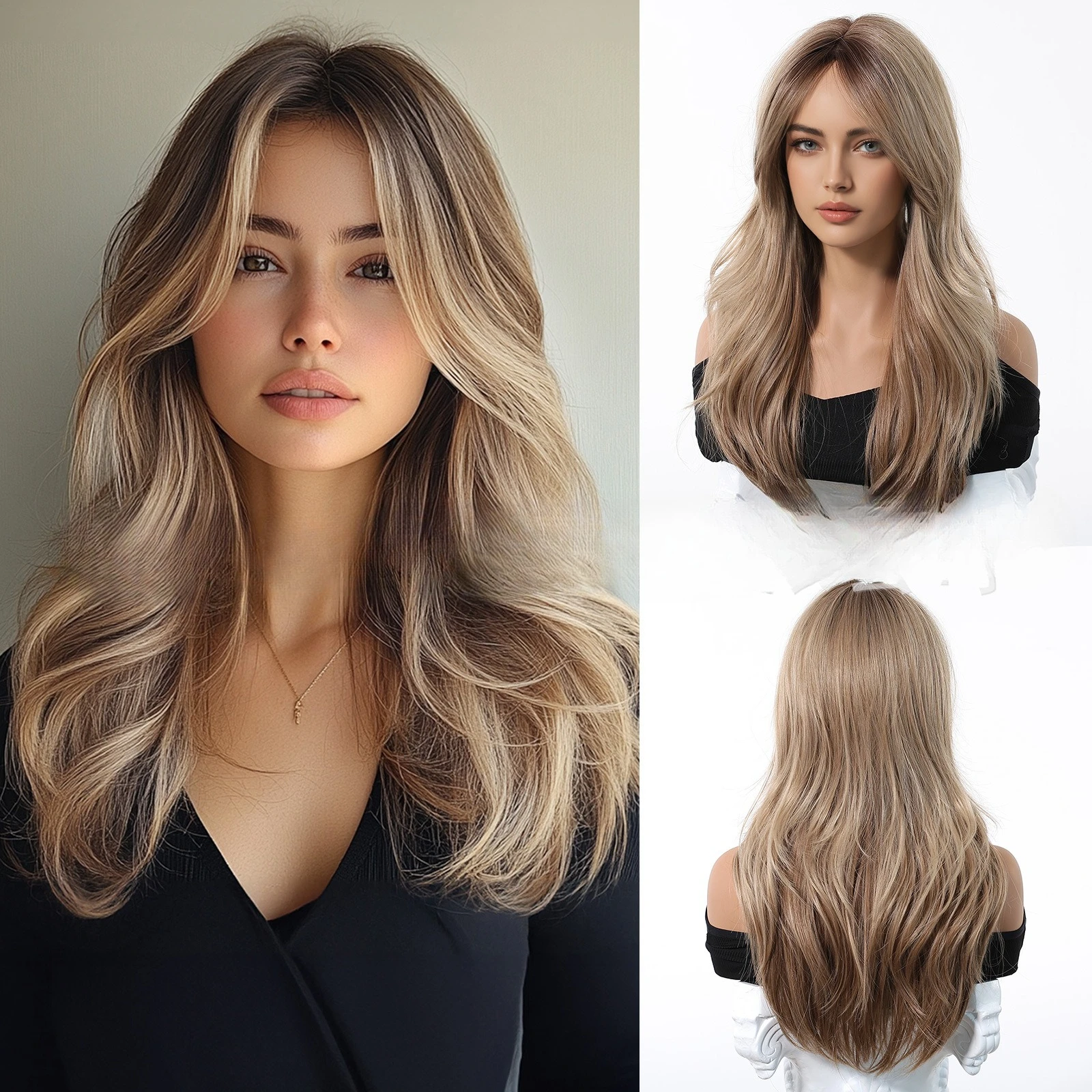 

New temperament Muse wig female eight-character bangs gradual change light gold medium and long big wave roll hood