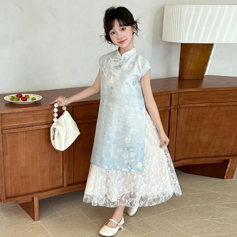 Mädchenrock, Kinderkleidung, China-Stil, Kinder, Seide, Batikdruck, Cheongsam-Kleid, lässig, einfach, täglich, 2025, Sommer, neu – Detail 6