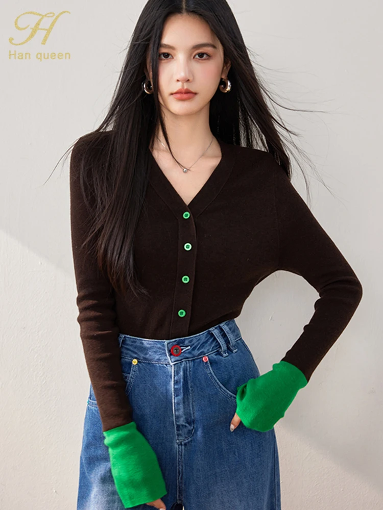 

H Han Queen Autumn Korean Colorblocking Cardigan Female Knitwear Tops Loose Long Sleeve V-Neck Vintage Casual Women's Sweater