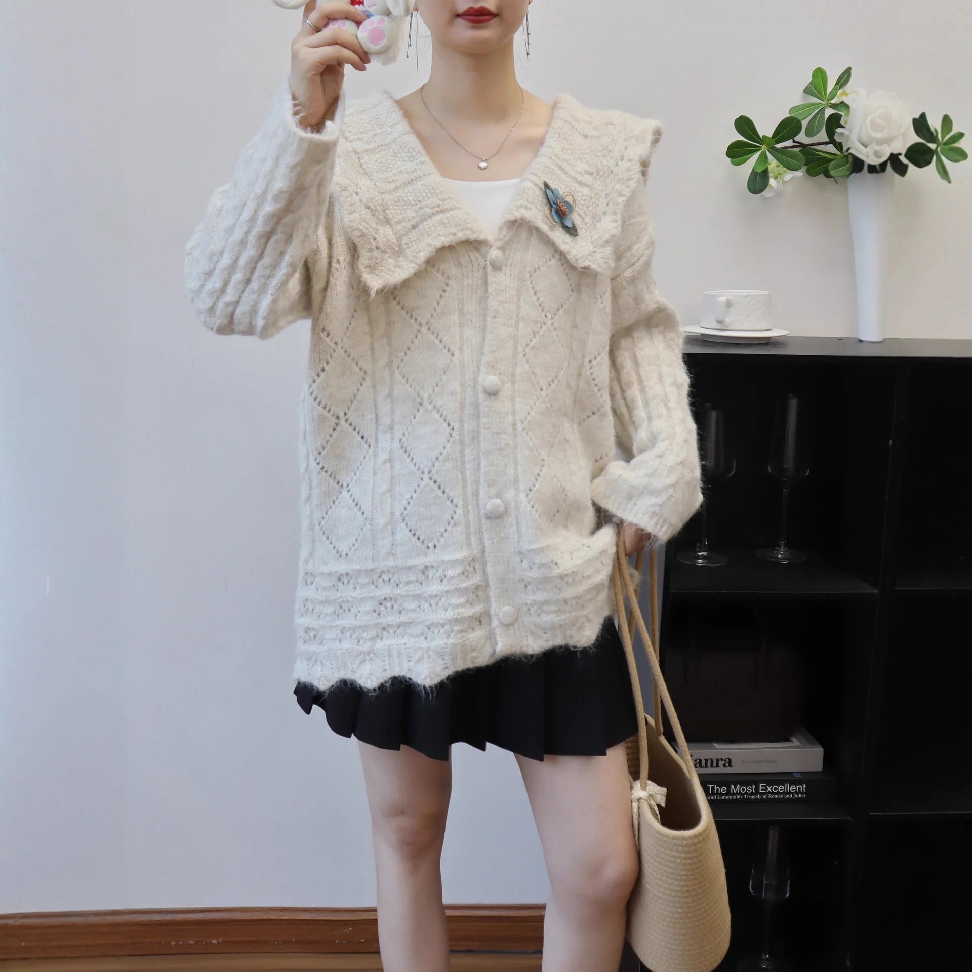 

Coats Cardigan Women Sweaters Jackets Peter Pan Collar Jumpers Y2k Streetwear Elegant Knit Open Stith Autumn Winter 2025