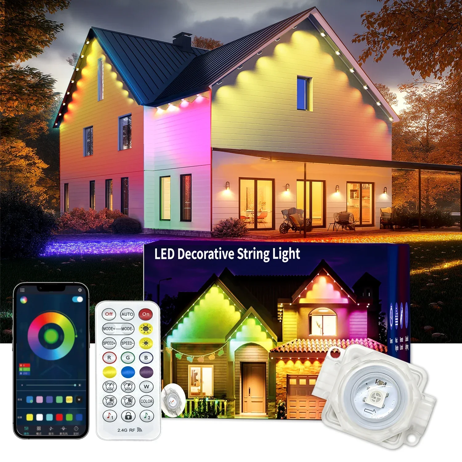 LED Full House Party Wedding Lights 15M RGB Eaves Permanent Outdoor Lights String APP Bluetooth Light Strip Scene Modes