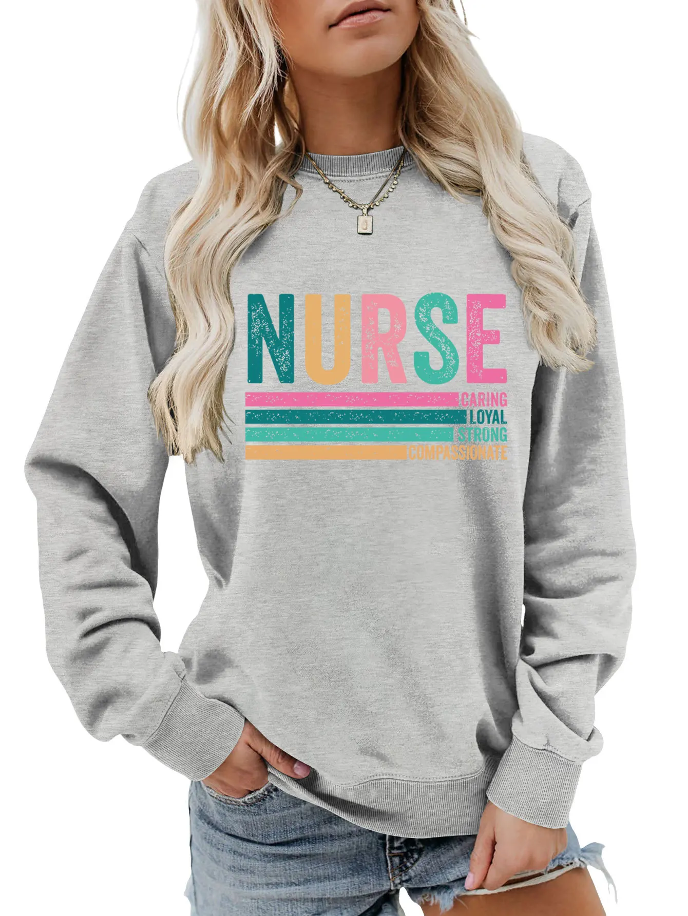 Autumn new crewneck T-shirt hoodie nurse caring loyal strong print loose women's casual top with all fashion pullover
