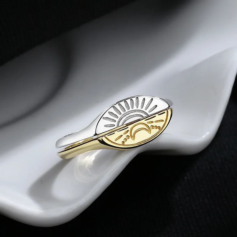 SOFTPIG Plata de Ley 925 auténtica estilo INS anillo ajustable para parejas para mujeres joyería fina bonita accesorios minimalistas de sol y Luna