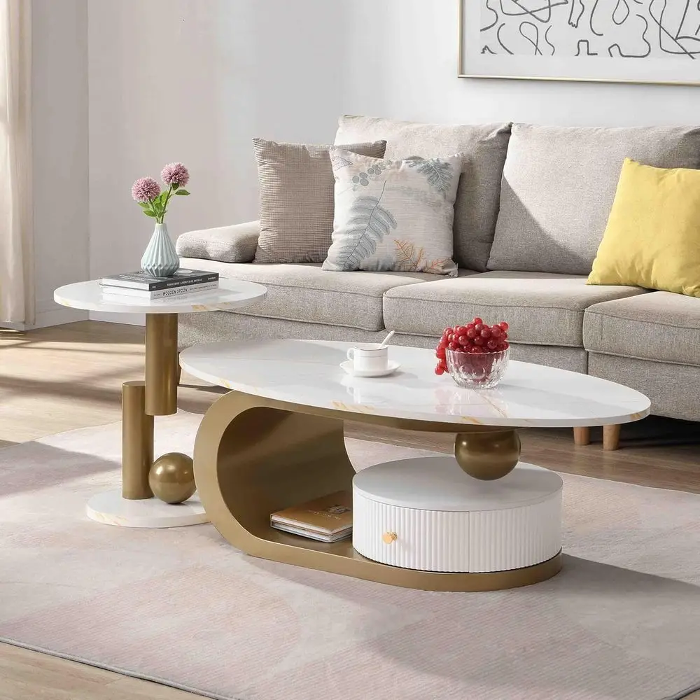 

White Marble Oval Coffee Table Set with Gold Metal Base and Stackable Tea Table