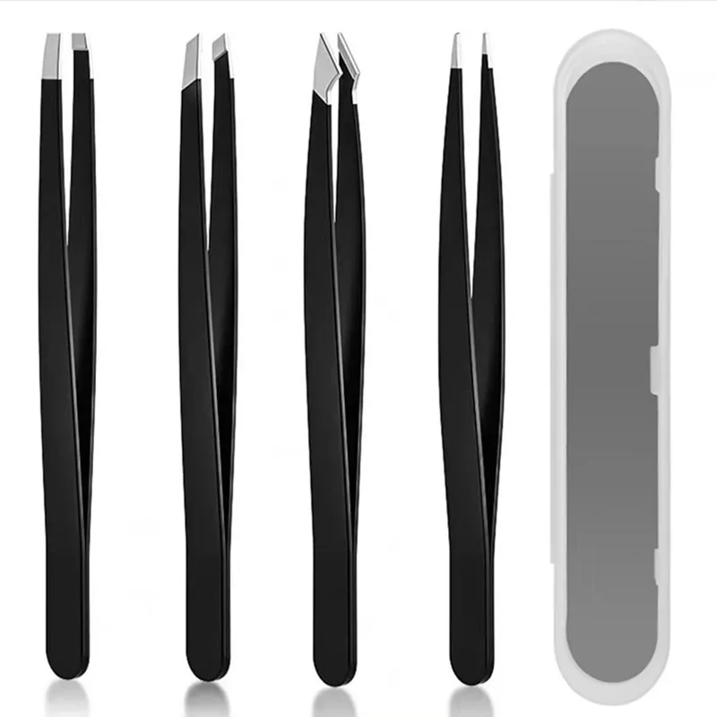 4 sztuki wysokiej jakości kolorowych pęset do brwi, precyzyjne pęsety do usuwania drobnych włosków, ze stali nierdzewnej, skośne pęsety do brwi (z pudełkiem)
