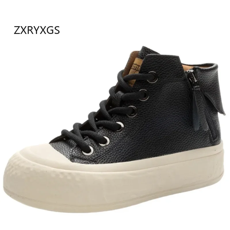 

ZXRYXGS Cowhide High Top Lace-up Side Zipper Fashion Sneakers Short Boots 2025 Plus Velvet Winter Women's Shoes Large Size 41-43
