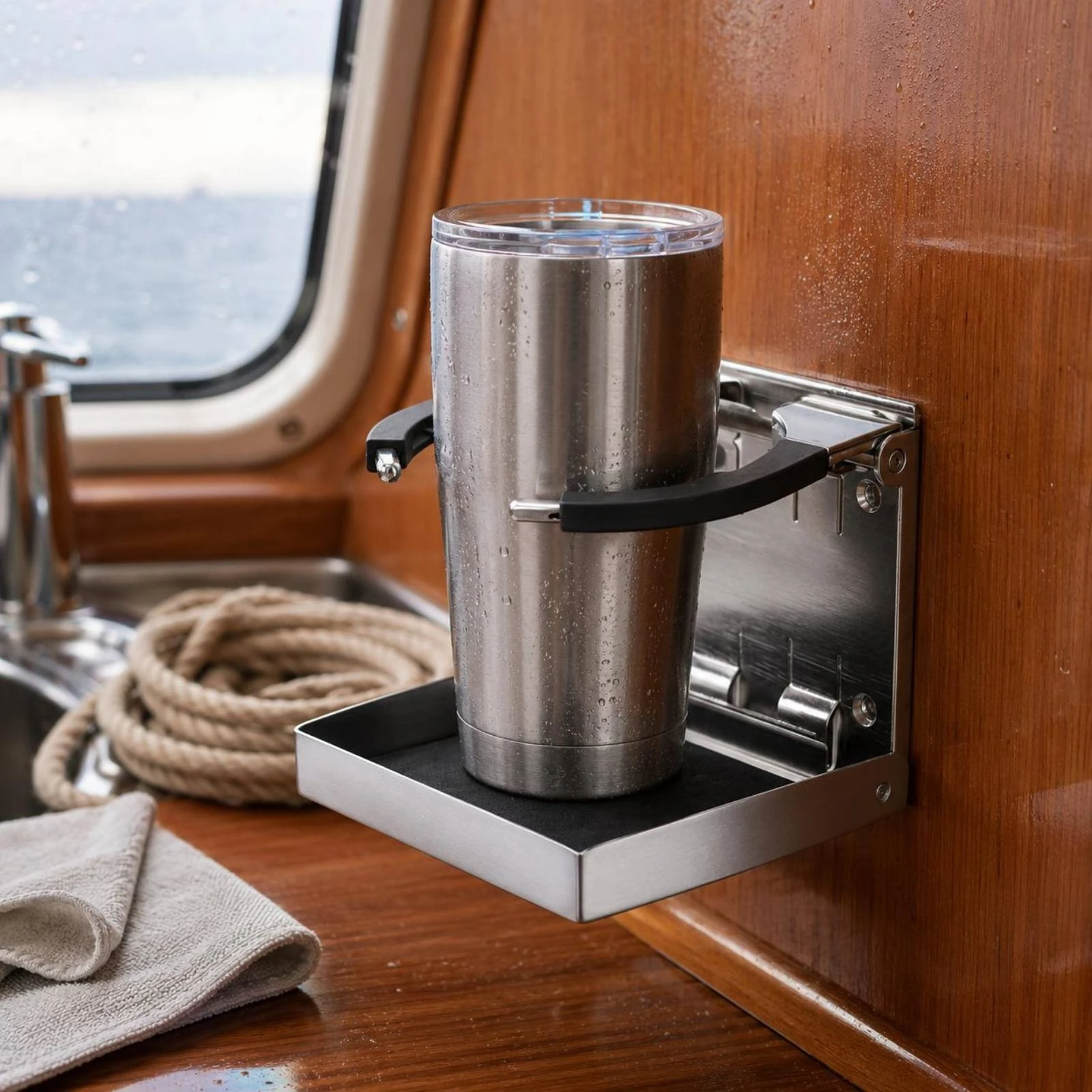 

Folding Cup Holder Foldable Stainless Steel Cup Holder Boat Accessory Bracket-Design Black Grip Pads for Marine Use, Yacht