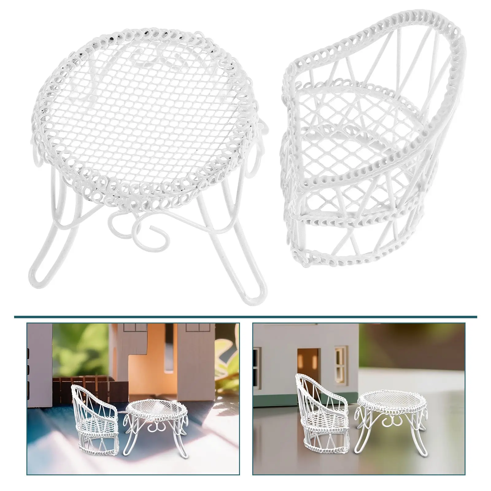 ミニチュアテーブルチェアセット、アイアンホワイト、ミニチュアドールハウス、ガーデン スツール、家具、おもちゃ、装飾、オフィスデスク小道具、寝室、ホームモデル、1セット