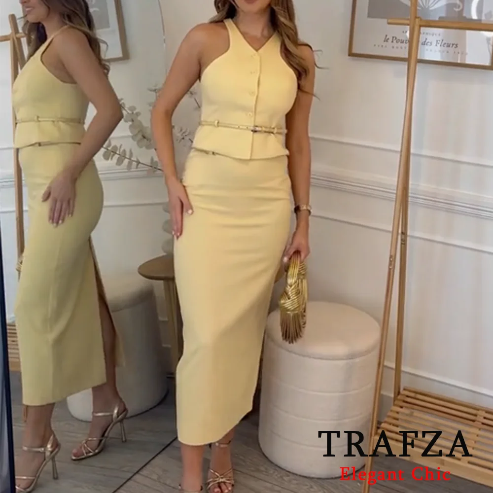 TRAFZA Fashion Summer Autumn 2024 Women Yellow Solid Skirt Set Belt Vest and Midi Skirt or Mini Dress Party Date Sweet Dress