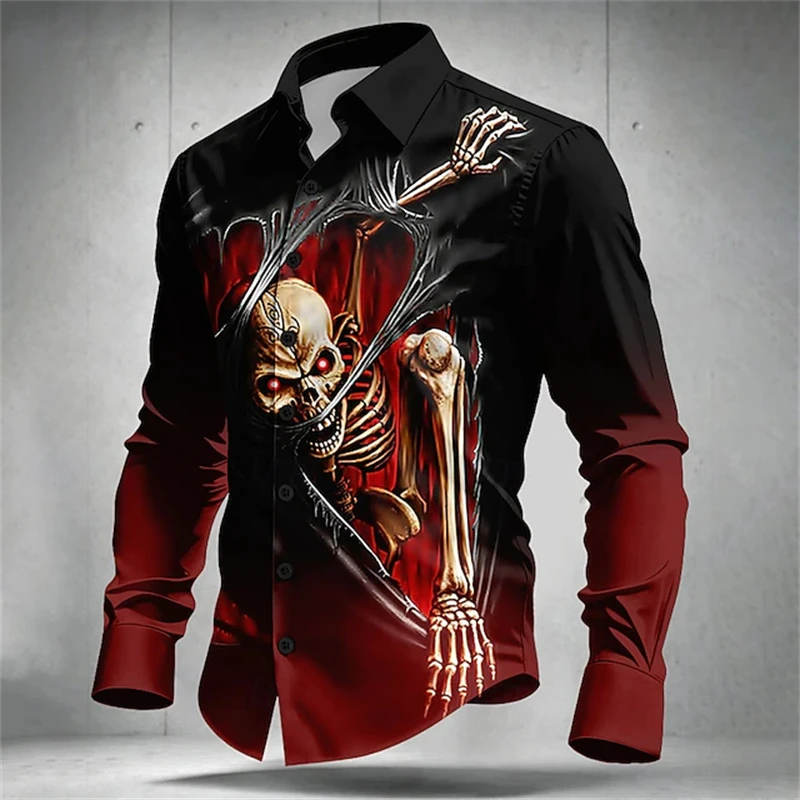 Men's Halloween Long-Sleeve Collared Shirt 3D Skull Print Button-Down Dark Punk Gothic Style Festive Party Streetwear Top