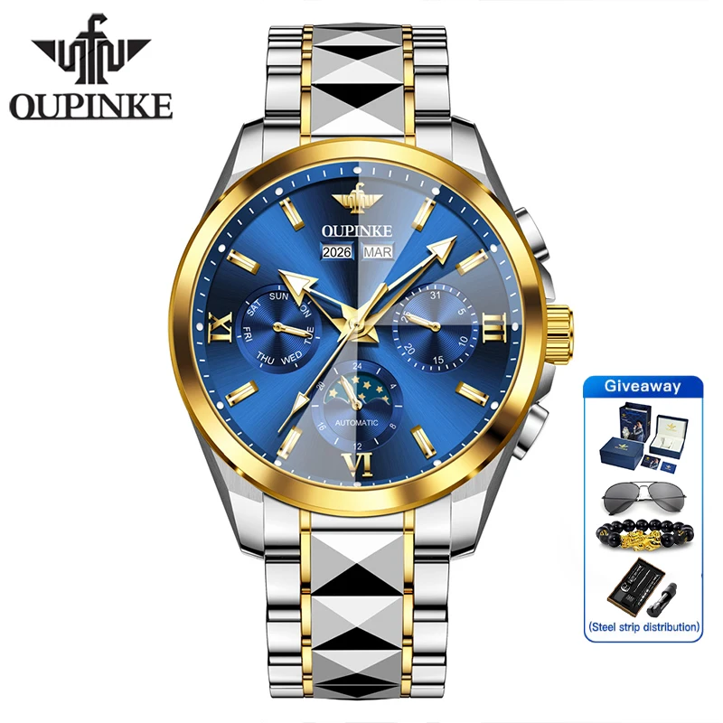 OUPINKE Luxe heren automatisch mechanisch polshorloge Zakelijk Waterdicht Maanfase Datum Week Reloj Mecánico Hombre 시계 남성용 3325 - afbeelding 2