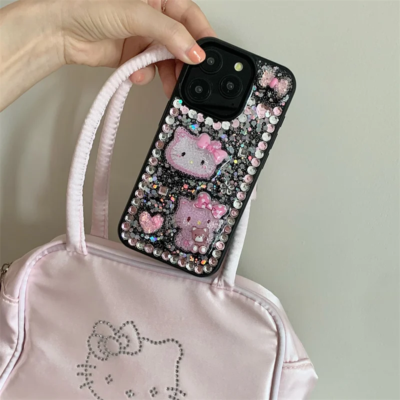 Luxury Cute Pink Bling Glitter Hello Kitty Heart Love Bow Phone Case For iPhone 15 14 13 12 Pro Max Y2k Cartoon KT lovely Cases