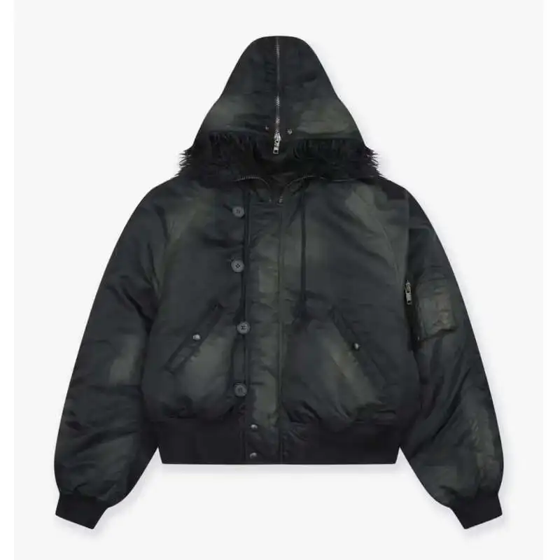 Winter New Oversized Black Cotton-padded Coat Men's Trend Tie-dye Print Fur Collar Zipper Hooded Quilted Padded  Jackets