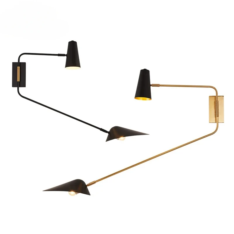 Lámpara de pared Industrial moderna de cobre, negro/blanco/dorado, LED E27, brazo oscilante, poste largo, montado en la pared, doble cabezal, sala de estar, mesita de noche