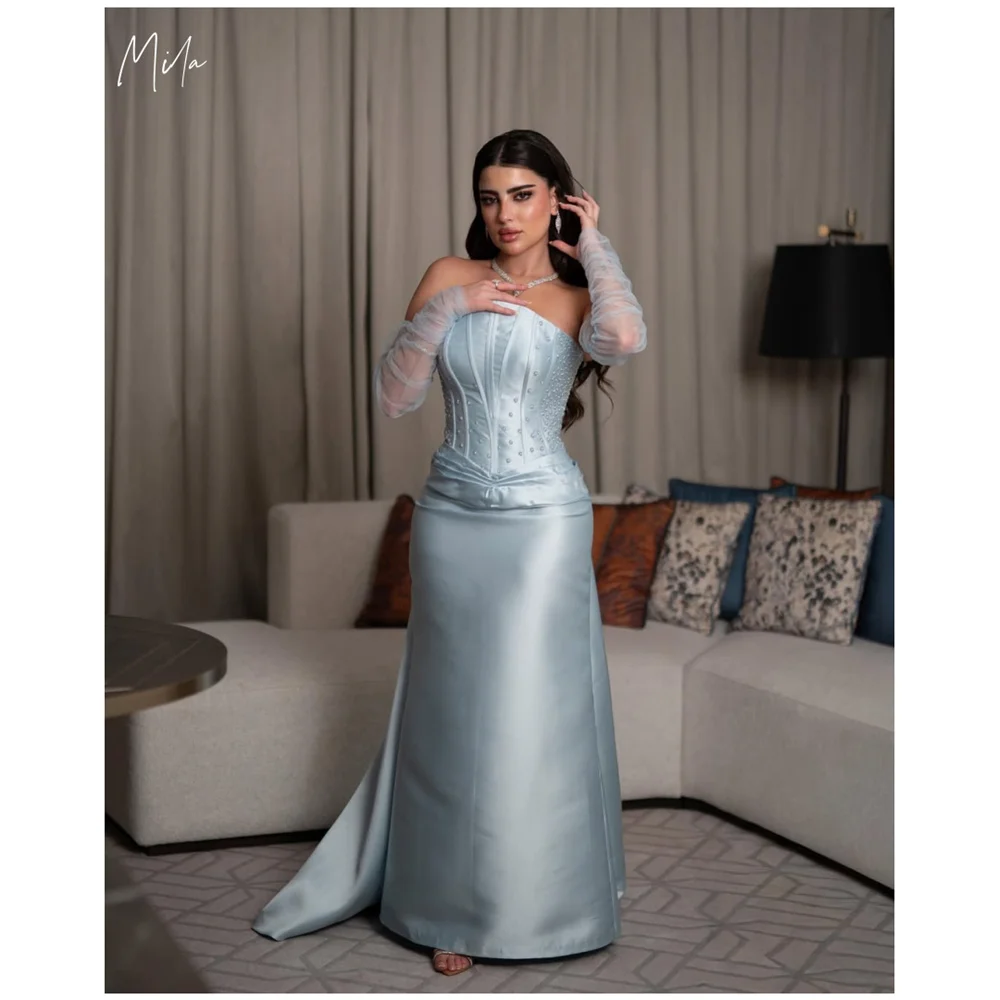 ミラ アームスリーブ サテン パール プロムドレス レースアップ ストラップレス カスタマイズ フォーマル イブニング シース フロアレングス ベスティドス デ ガラ 2025