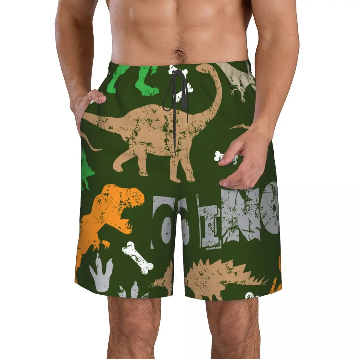 Man Swimwear Grunge Dinosaur Boys Pattern Swim Shorts Trunks Beach Board Shorts Mens Swimming Swimsuits