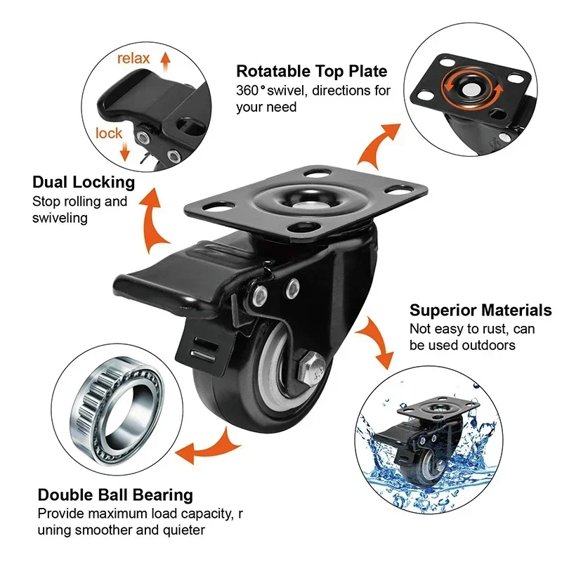 2pcs Heavy Duty Caster Wheels Safety Dual Locking Castor Wheels Set Rubber Caster With Brake Swivel Caster Wheels With Screw