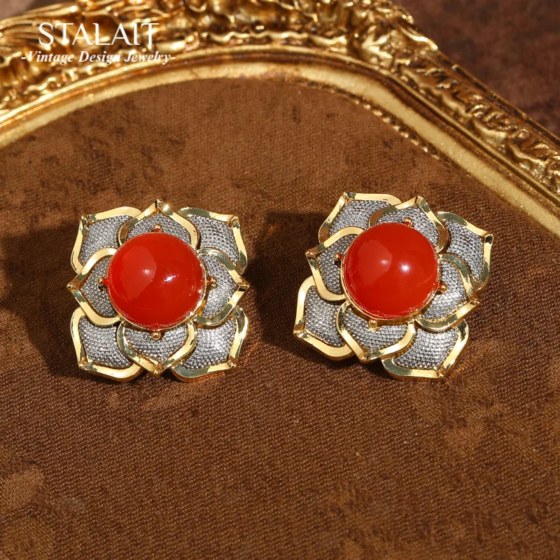 

Vintage Large Flower Earring Statemen Red Agate Sunflower Gold Color Jewelry Luxury Designer For Woman Wedding Accessories 3.6cm