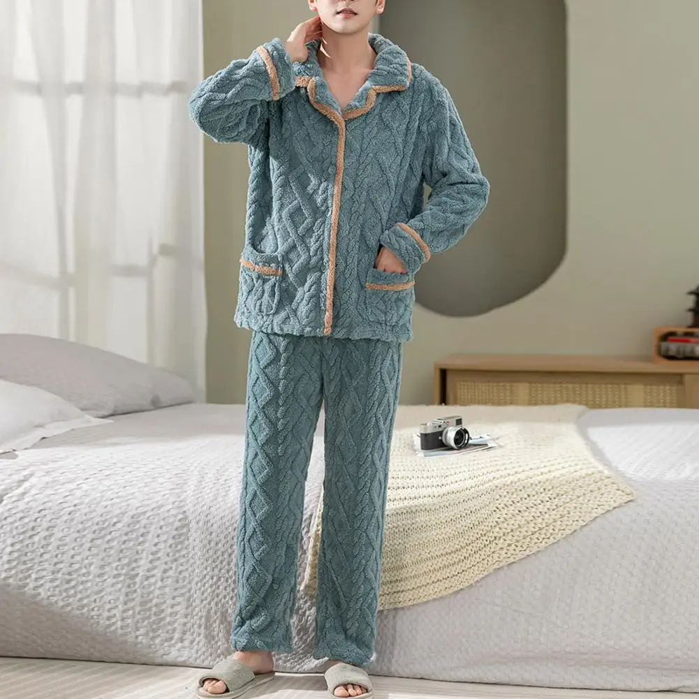 Plus Size Thickened Warm Men Pajamas Set Flannel Youth Homewear Two-Piece Cardigan Sleepwear for Winter Jacquard Square Plaid