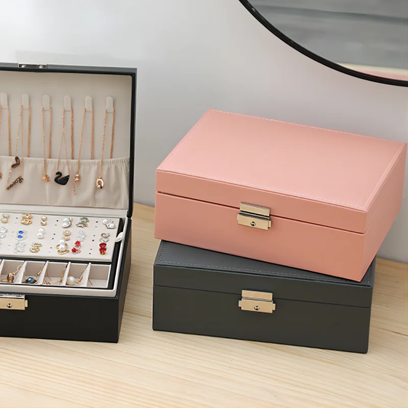 Double-layer Jewelry Box Organizer Earring Ring Necklace Jewlery  Display Storage Case with Lock for Jewelry Boxes and Packaging