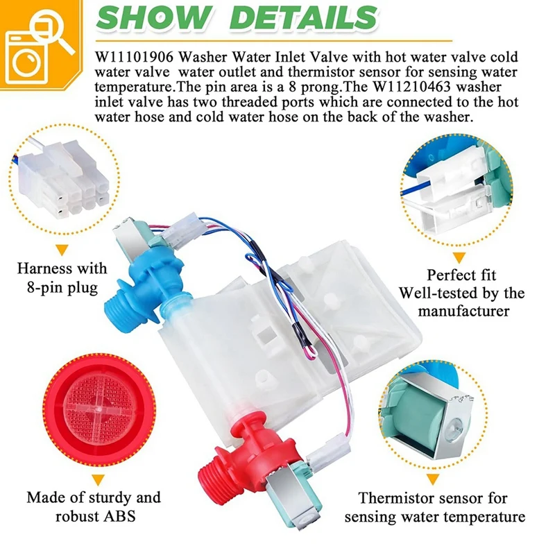 W 11101906   W 11210463   Valve d'entrée d'eau pour lave-linge Whirlpool Amana Maytag Crosley Roper, remplacement W 10869803 -AT64