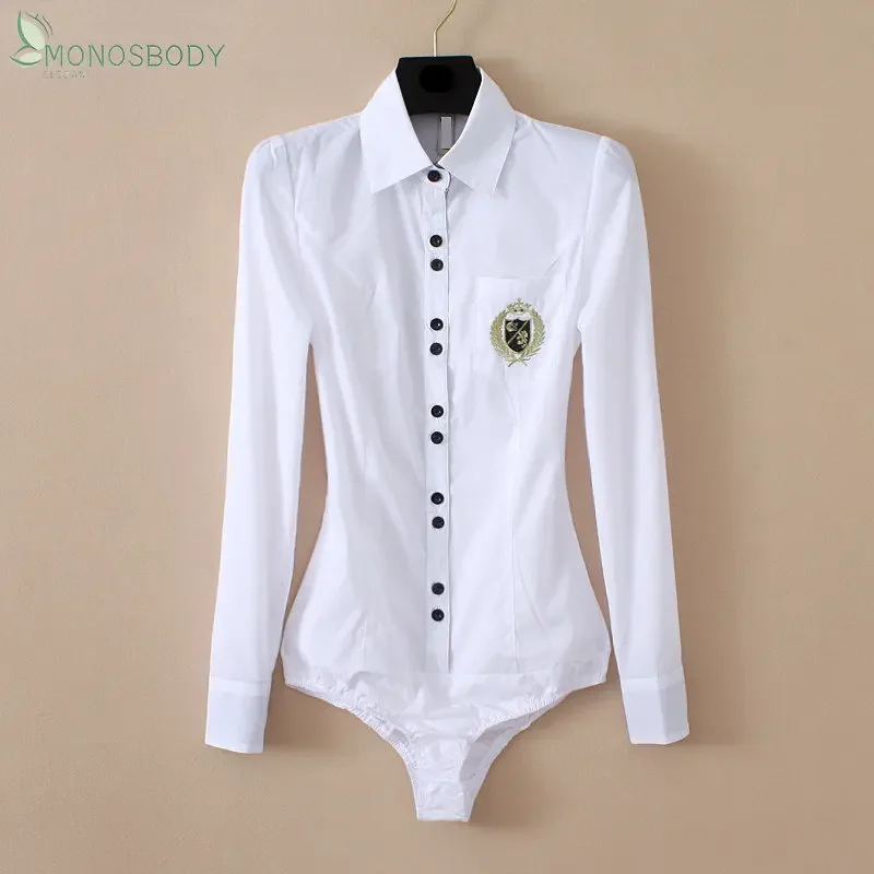 2024 New Fashion Embroidery Badge White Bodysuits Women Long Sleeve Body Shirts Office Lady Business Work Blouses Female Rompers