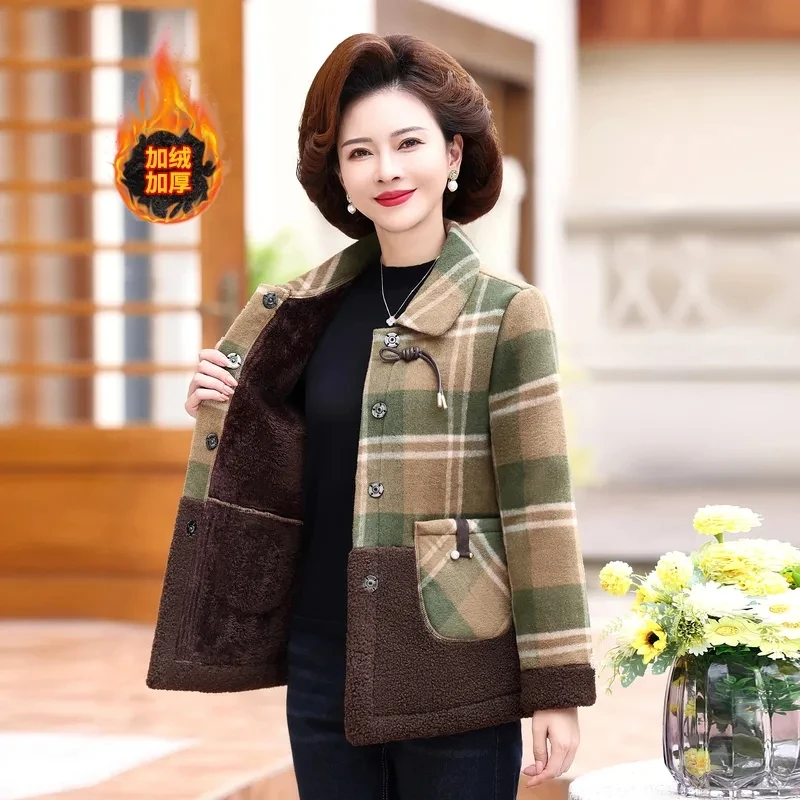 Middle Aged Elderly Women's Cotton Clothes Autumn Winter Add Velvet Thicken Warm Woolen Coat High End Mother Plaid Parkas Jacket