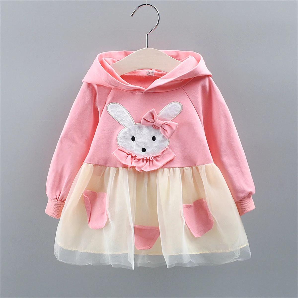 Children'S Princess Rabbit Autumn Dress Spring Long Sleeve Baby Birthday Clothing Preschool Children'S Mesh Hooded Dress